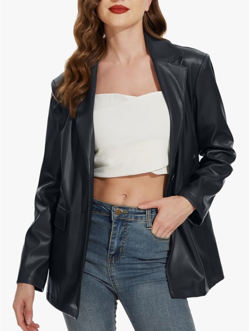 Women's Black Faux Leather Blazer Jacket